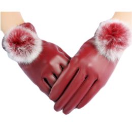 Fashion Leather Windproof Driving iPhone Gloves Warm Velvet Touchscreen Gloves For Women-Red